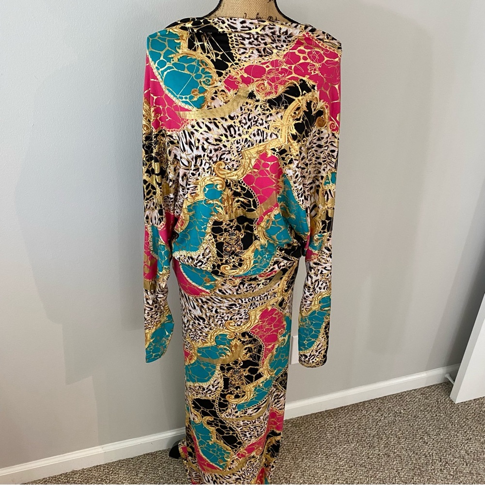 Colorful Animal Print Long Stretchy Open Back Maxi Dress Long Sleeves Size L